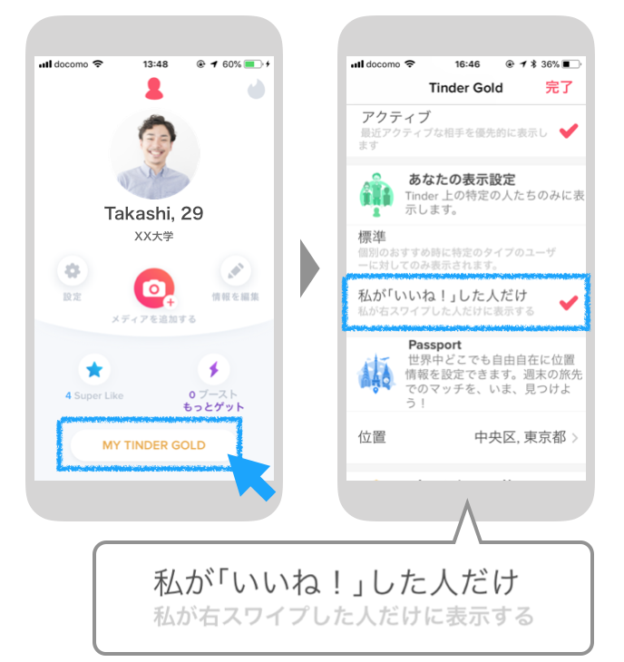 Tinderの私がいいね！した人だけ表示