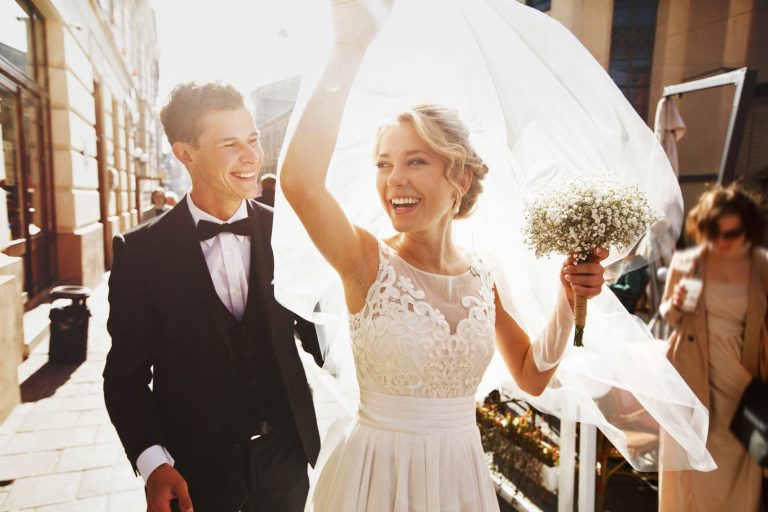 caucasian happy romantic young  couple celebrating their marria