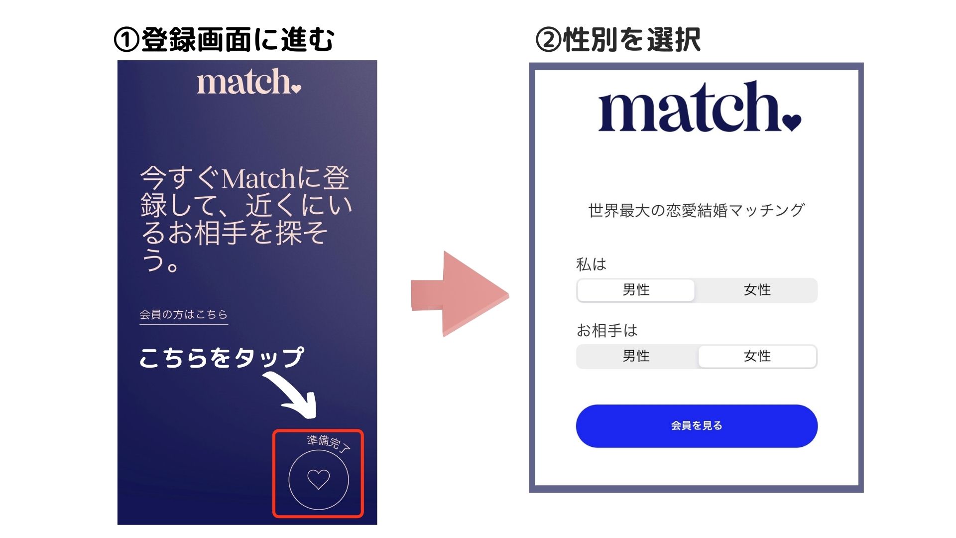 マッチドットコムの会員登録の手順①②